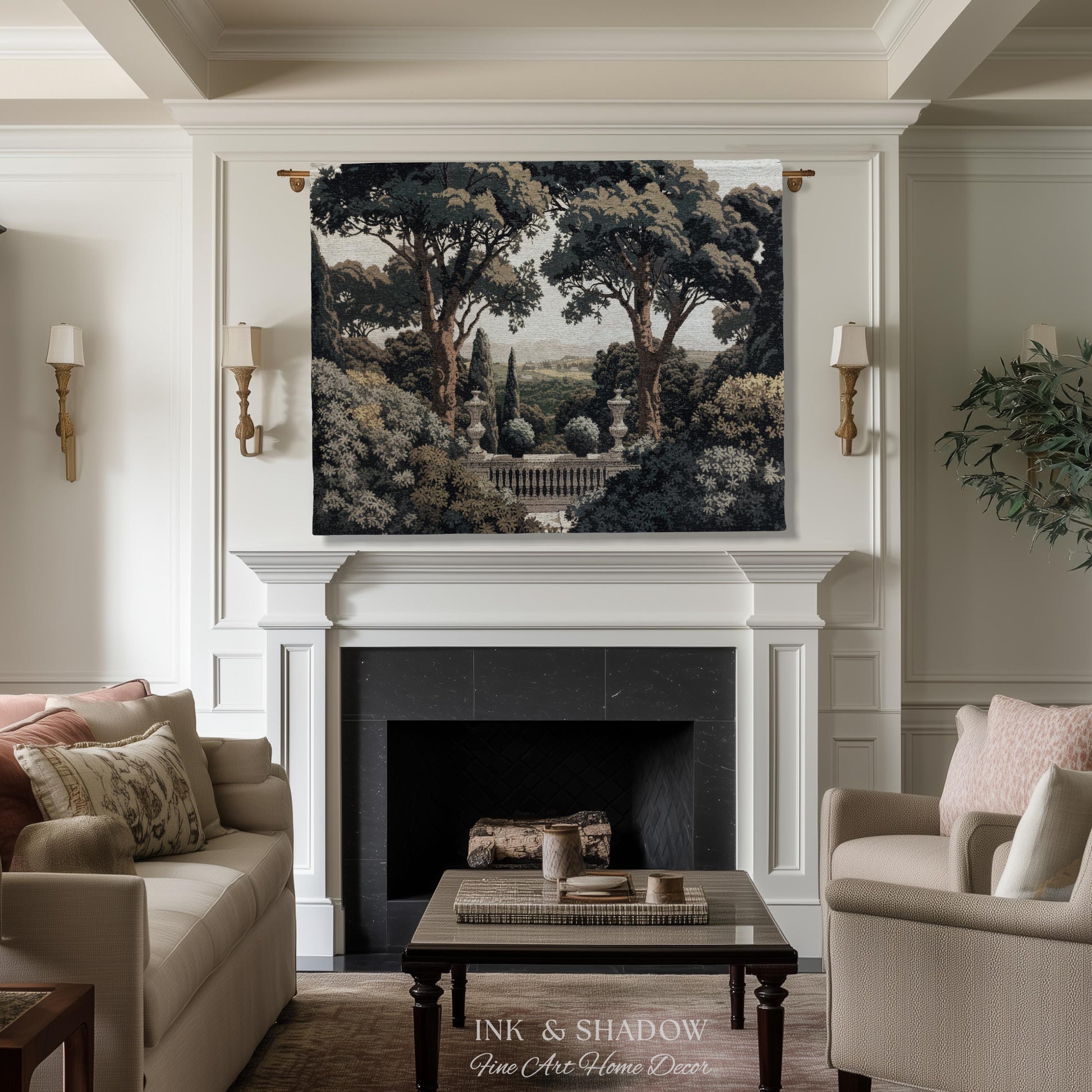 Tuscan Terrace Formal Wall Tapestry | Traditional Scenic Textile European Wall Art Neoclassical Verdure Woven Throw Blanket Classic Jacquard