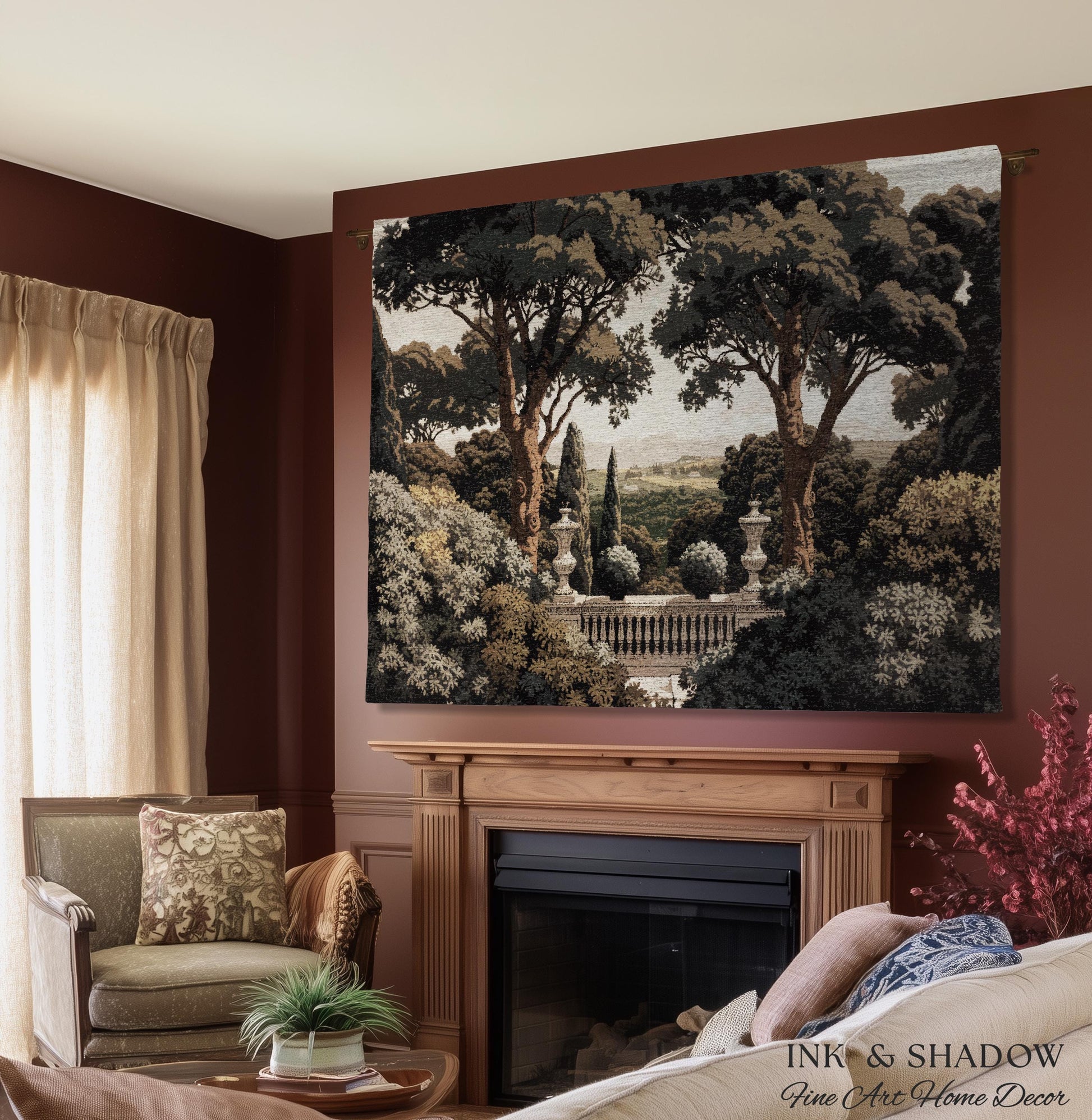 Tuscan Terrace Formal Wall Tapestry | Traditional Scenic Textile European Wall Art Neoclassical Verdure Woven Throw Blanket Classic Jacquard