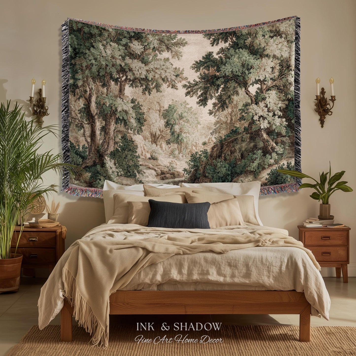 Tonalist Landscape Romantic Verdure Tapestry | Old World Woodland Landscape Muted Greenery European Jacquard Throw Blanket Traditional Art