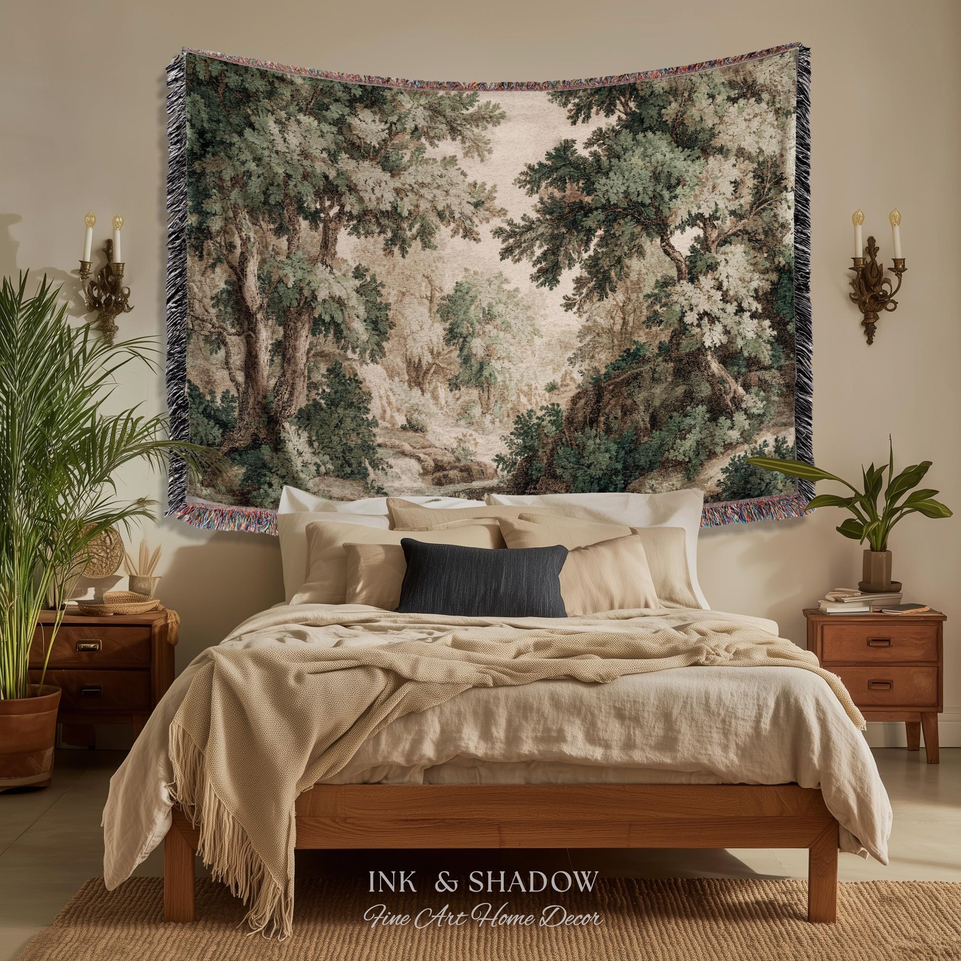Tonalist Landscape Romantic Verdure Tapestry | Old World Woodland Landscape Muted Greenery European Jacquard Throw Blanket Traditional Art