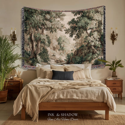 Tonalist Landscape Romantic Verdure Tapestry | Old World Woodland Landscape Muted Greenery European Jacquard Throw Blanket Traditional Art