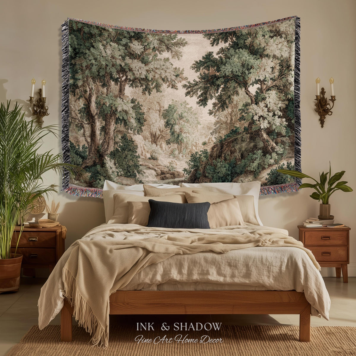Tonalist Landscape Romantic Verdure Tapestry | Old World Woodland Landscape Muted Greenery European Jacquard Throw Blanket Traditional Art
