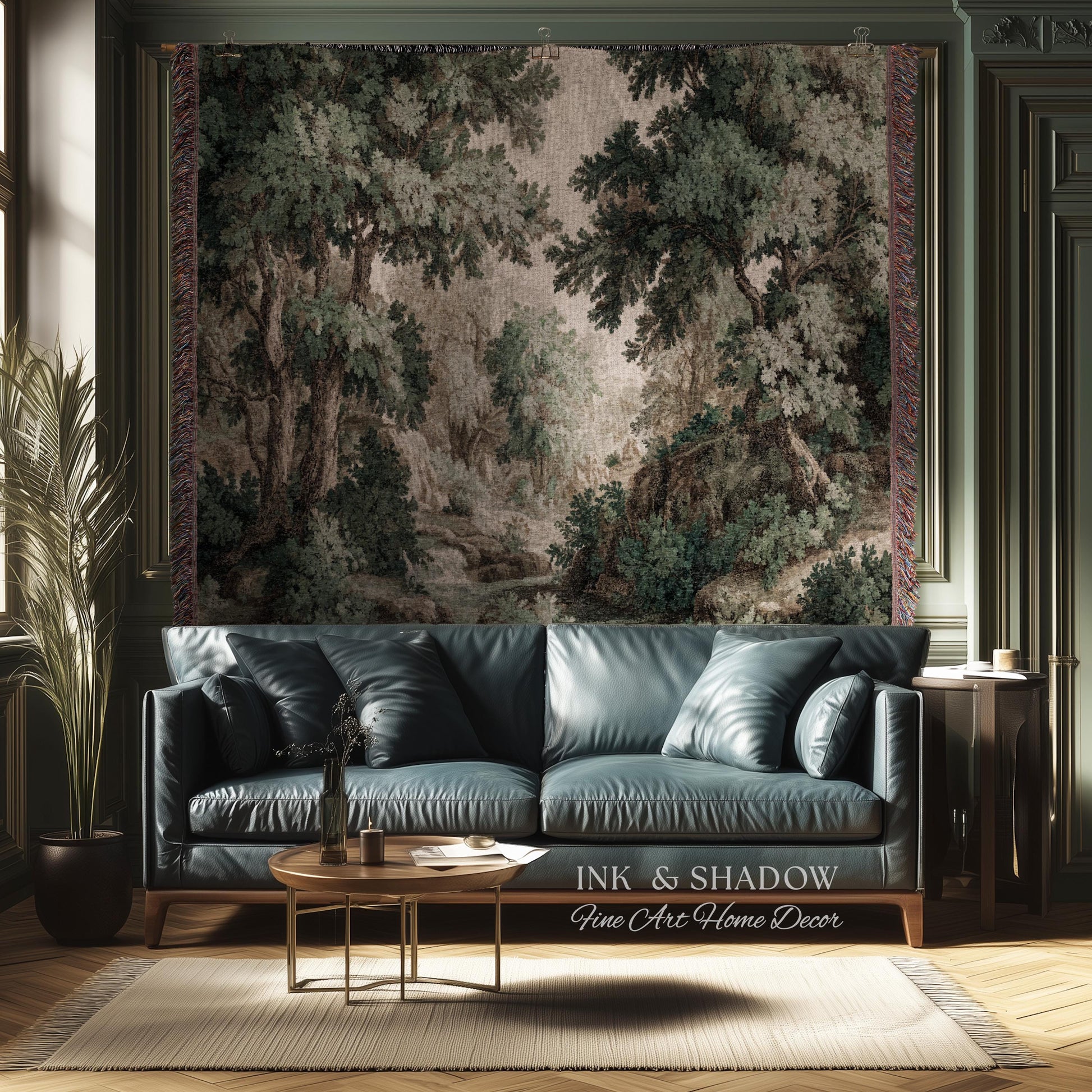 Tonalist Landscape Romantic Verdure Tapestry | Old World Woodland Landscape Muted Greenery European Jacquard Throw Blanket Traditional Art