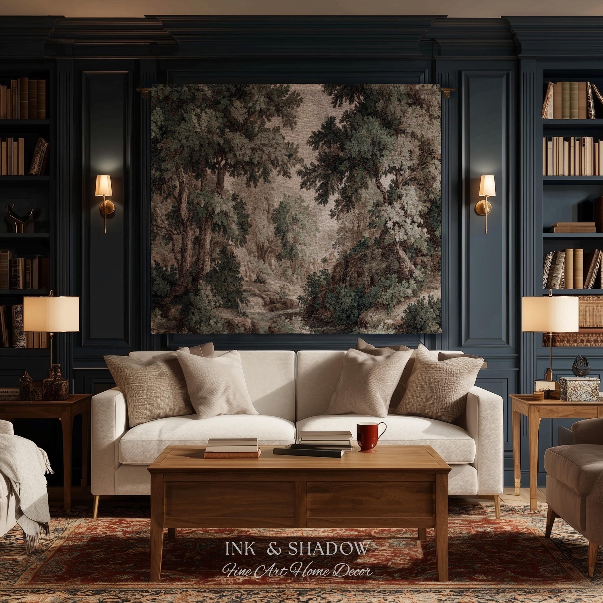 Tonalist Landscape Romantic Verdure Tapestry | Old World Woodland Landscape Muted Greenery European Jacquard Throw Blanket Traditional Art