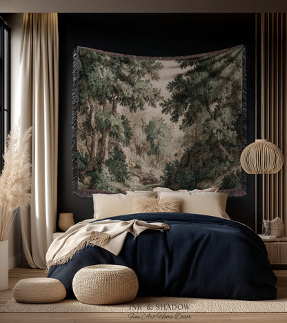Tonalist Landscape Romantic Verdure Tapestry | Old World Woodland Landscape Muted Greenery European Jacquard Throw Blanket Traditional Art