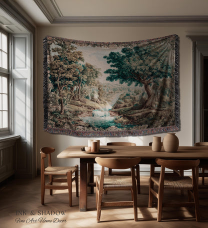 Scenic Countryside Woodland Wall Art River Tapestry | European Landscape Vintage Forest Woven Throw French Verdure Tranquil Nature Decor