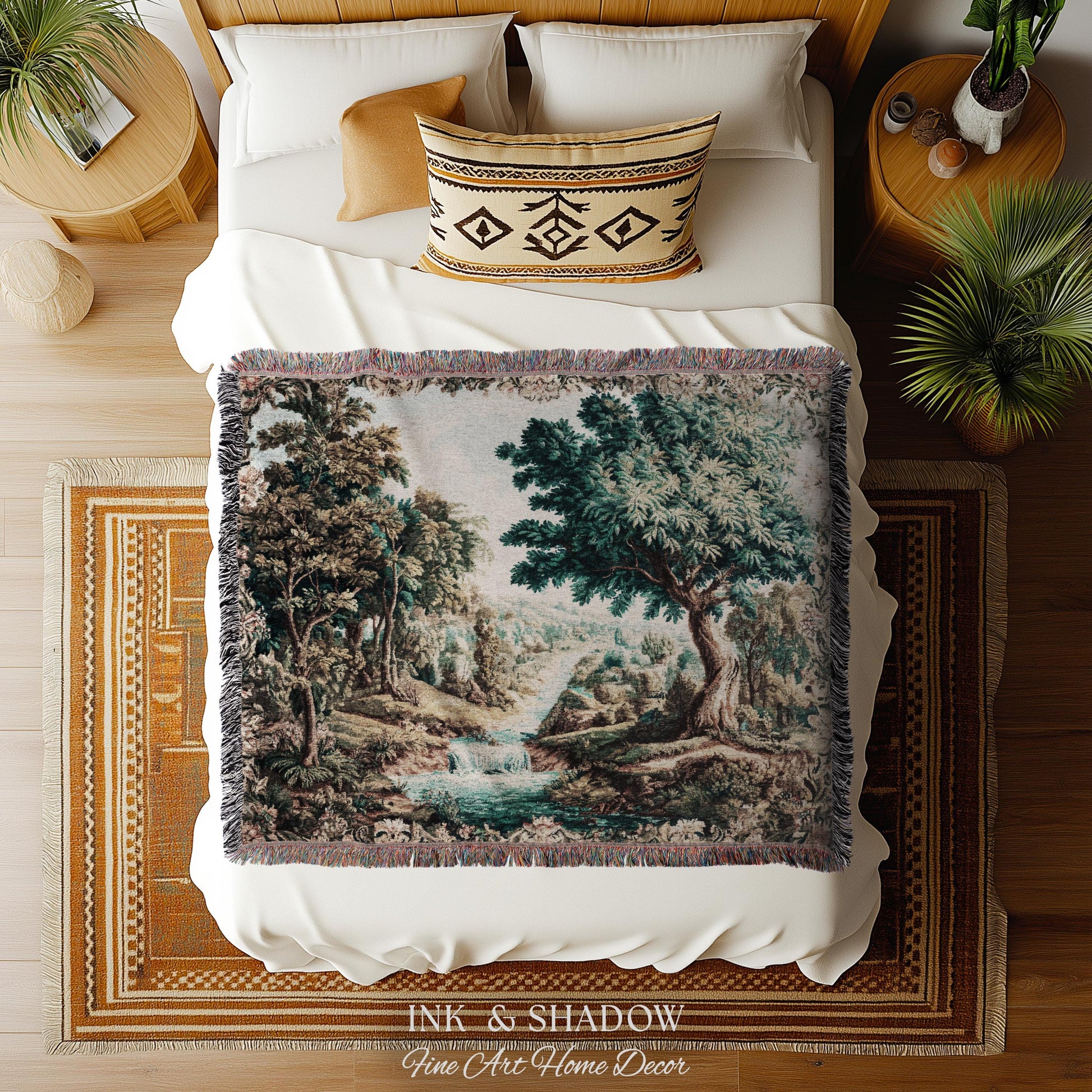 Scenic Countryside Woodland Wall Art River Tapestry | European Landscape Vintage Forest Woven Throw French Verdure Tranquil Nature Decor