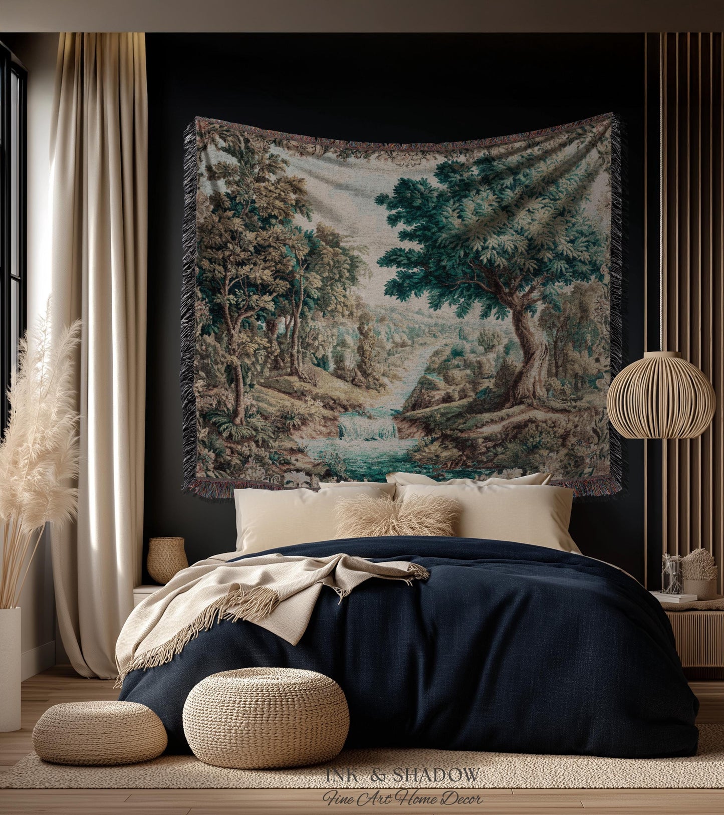 Scenic Countryside Woodland Wall Art River Tapestry | European Landscape Vintage Forest Woven Throw French Verdure Tranquil Nature Decor