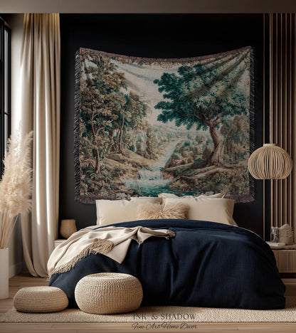 Scenic Countryside Woodland Wall Art River Tapestry | European Landscape Vintage Forest Woven Throw French Verdure Tranquil Nature Decor