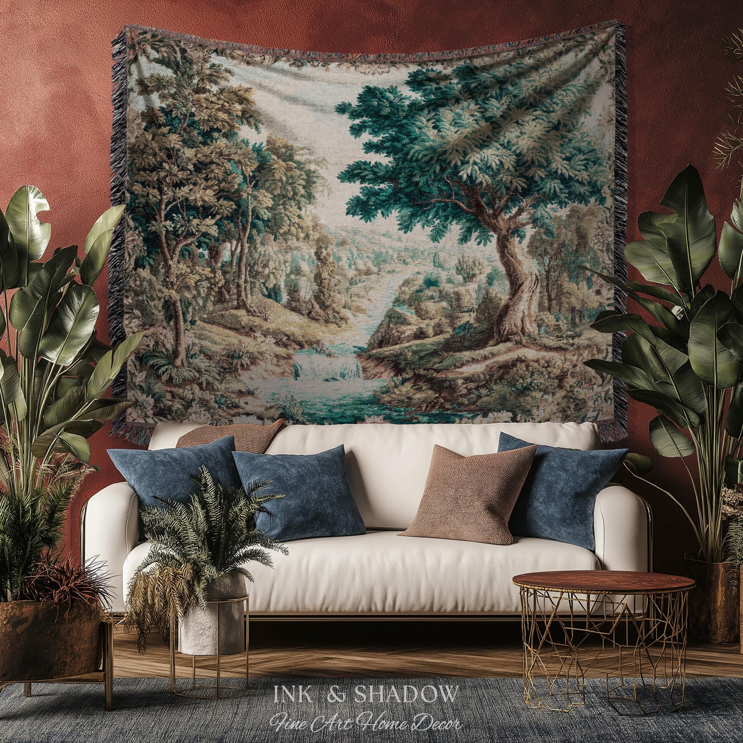 Scenic Countryside Woodland Wall Art River Tapestry | European Landscape Vintage Forest Woven Throw French Verdure Tranquil Nature Decor