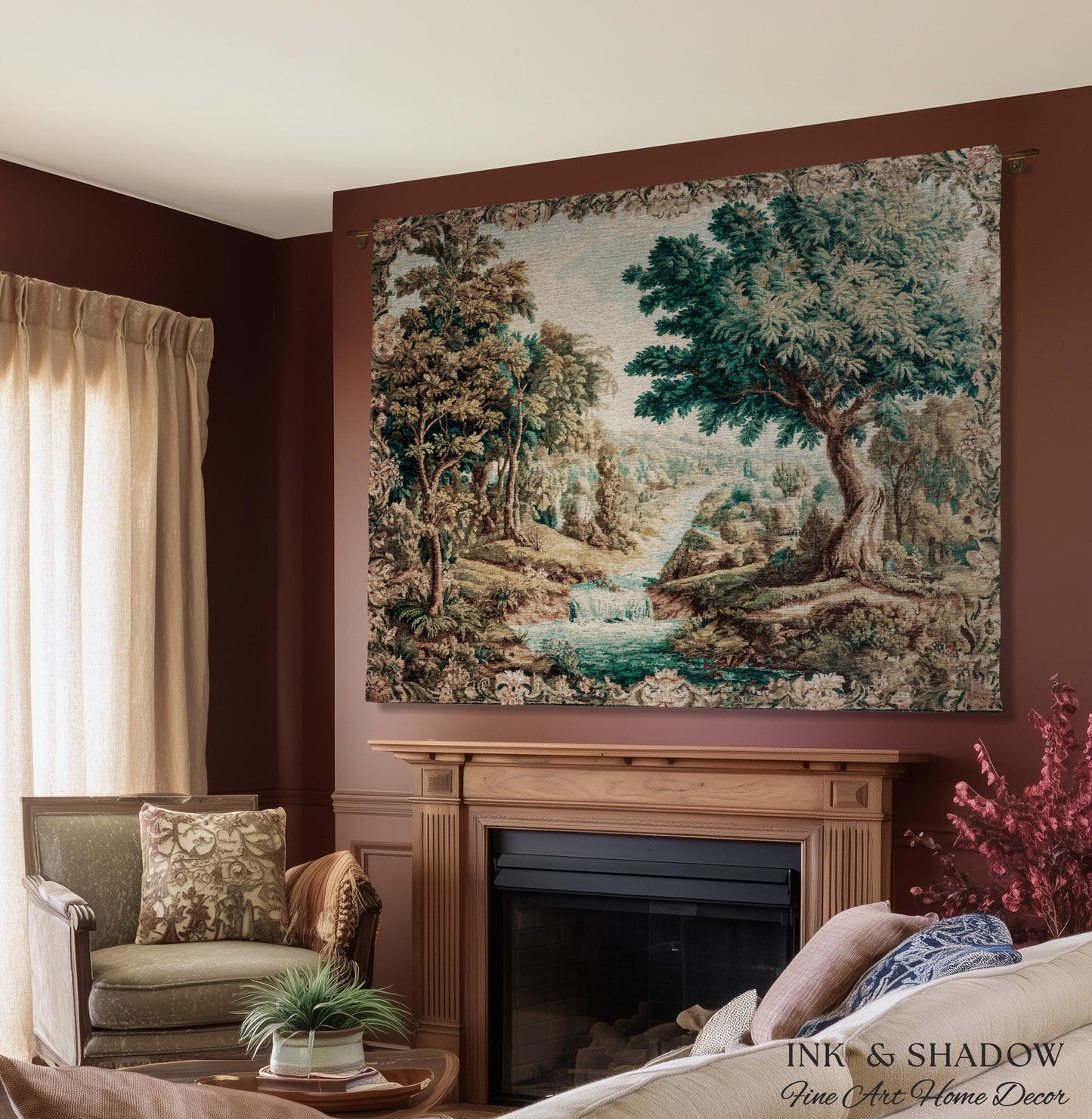 Scenic Countryside Woodland Wall Art River Tapestry | European Landscape Vintage Forest Woven Throw French Verdure Tranquil Nature Decor