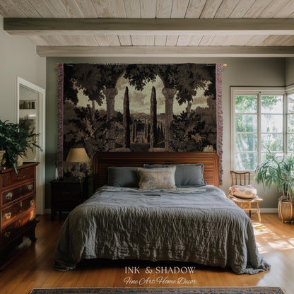 Italian Garden Scene Villa Landscape Woven Throw, Tuscan Archway Wall Art Jacquard Tapestry Blanket Serene Countryside Mediterranean Decor