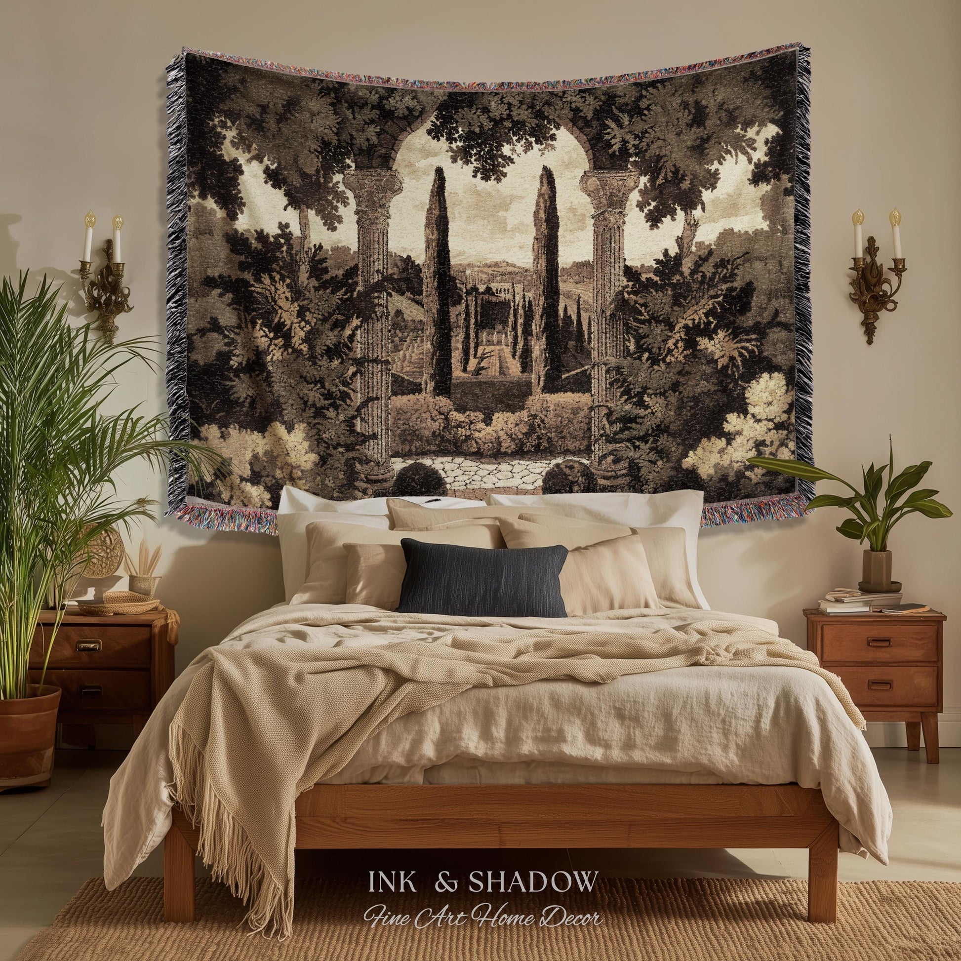 Italian Garden Scene Villa Landscape Woven Throw, Tuscan Archway Wall Art Jacquard Tapestry Blanket Serene Countryside Mediterranean Decor