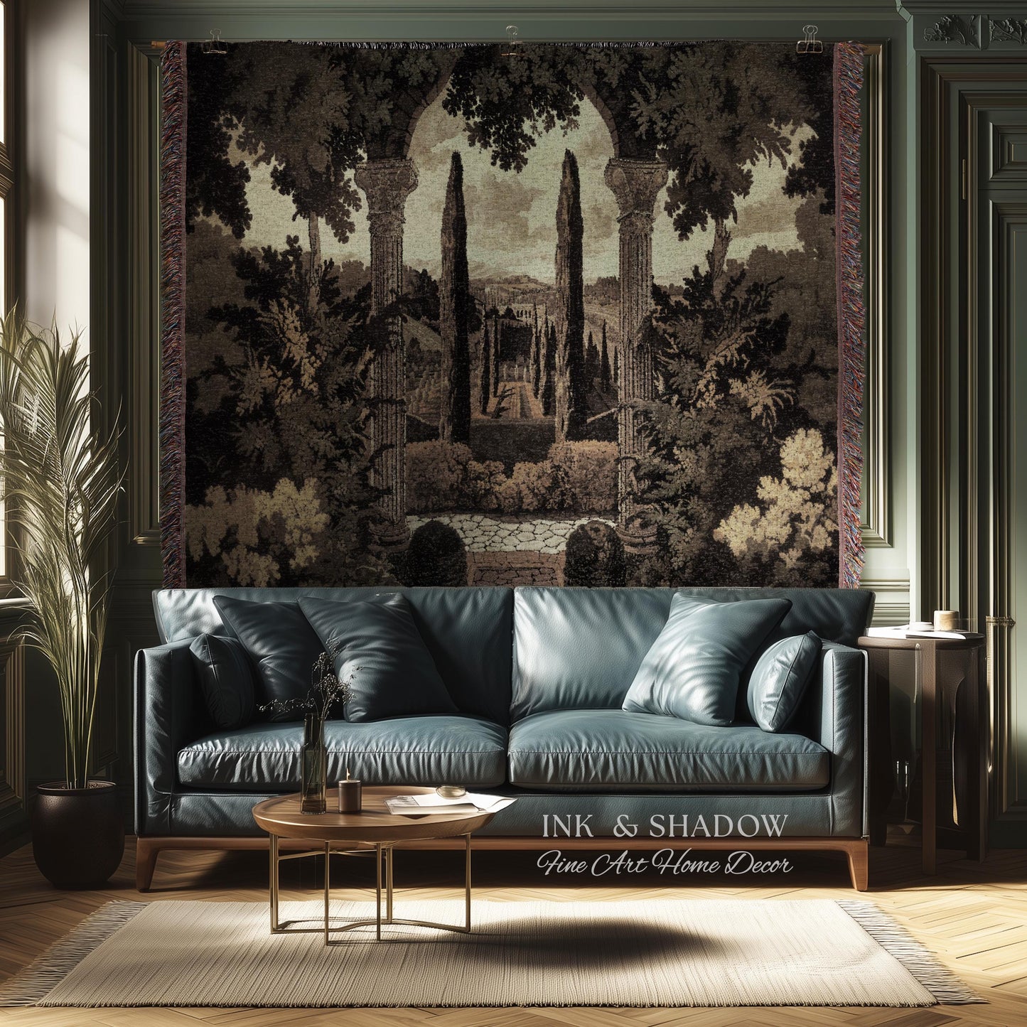 Italian Garden Scene Villa Landscape Woven Throw, Tuscan Archway Wall Art Jacquard Tapestry Blanket Serene Countryside Mediterranean Decor