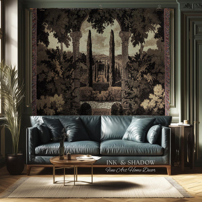 Italian Garden Scene Villa Landscape Woven Throw, Tuscan Archway Wall Art Jacquard Tapestry Blanket Serene Countryside Mediterranean Decor