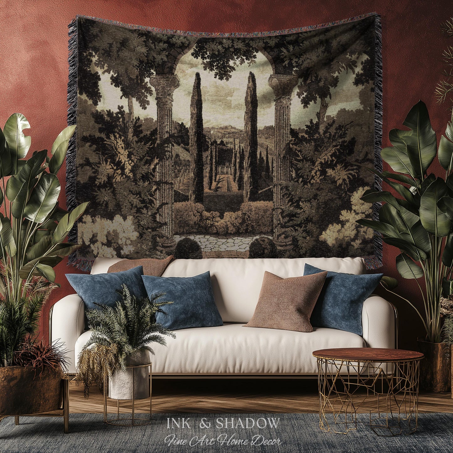 Italian Garden Scene Villa Landscape Woven Throw, Tuscan Archway Wall Art Jacquard Tapestry Blanket Serene Countryside Mediterranean Decor