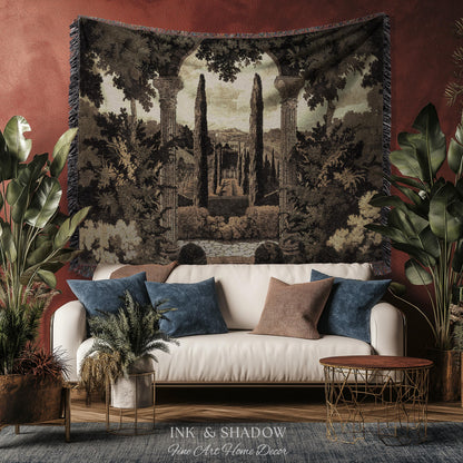 Italian Garden Scene Villa Landscape Woven Throw, Tuscan Archway Wall Art Jacquard Tapestry Blanket Serene Countryside Mediterranean Decor