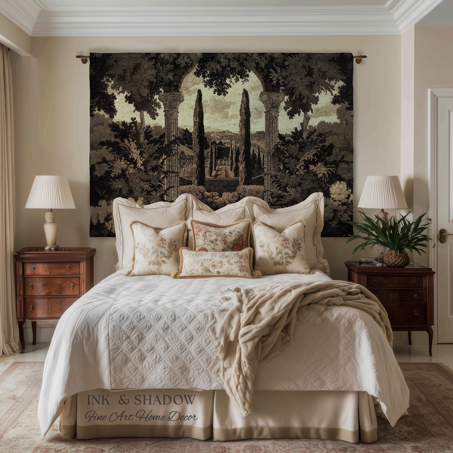 Italian Garden Scene Villa Landscape Woven Throw, Tuscan Archway Wall Art Jacquard Tapestry Blanket Serene Countryside Mediterranean Decor