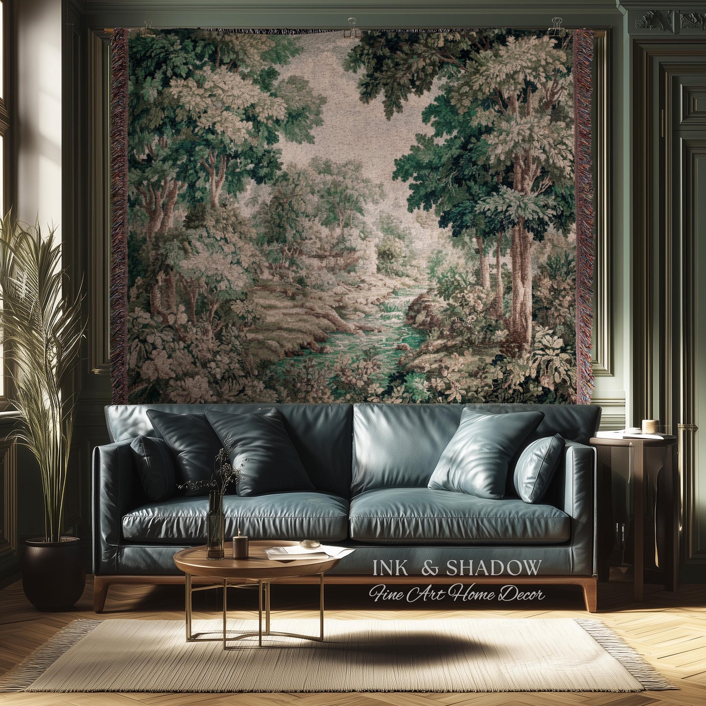 Romantic Woodland Creek Jacquard Wall Art | European Tapestry Serene Forest Landscape Timeless Pastoral Scene Soft Earthy Countryside