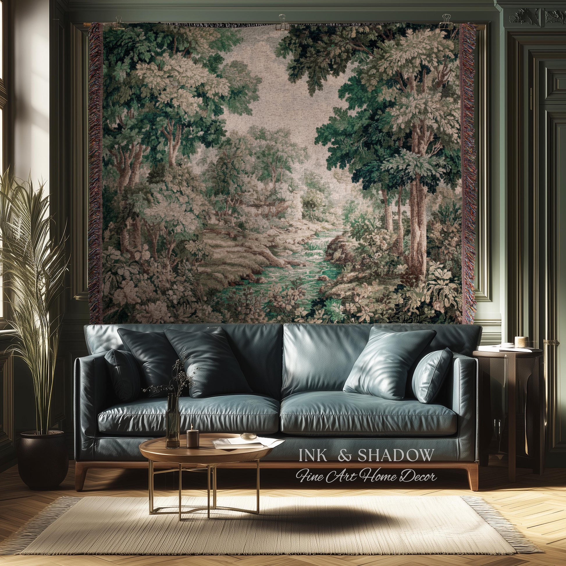 Romantic Woodland Creek Jacquard Wall Art | European Tapestry Serene Forest Landscape Timeless Pastoral Scene Soft Earthy Countryside