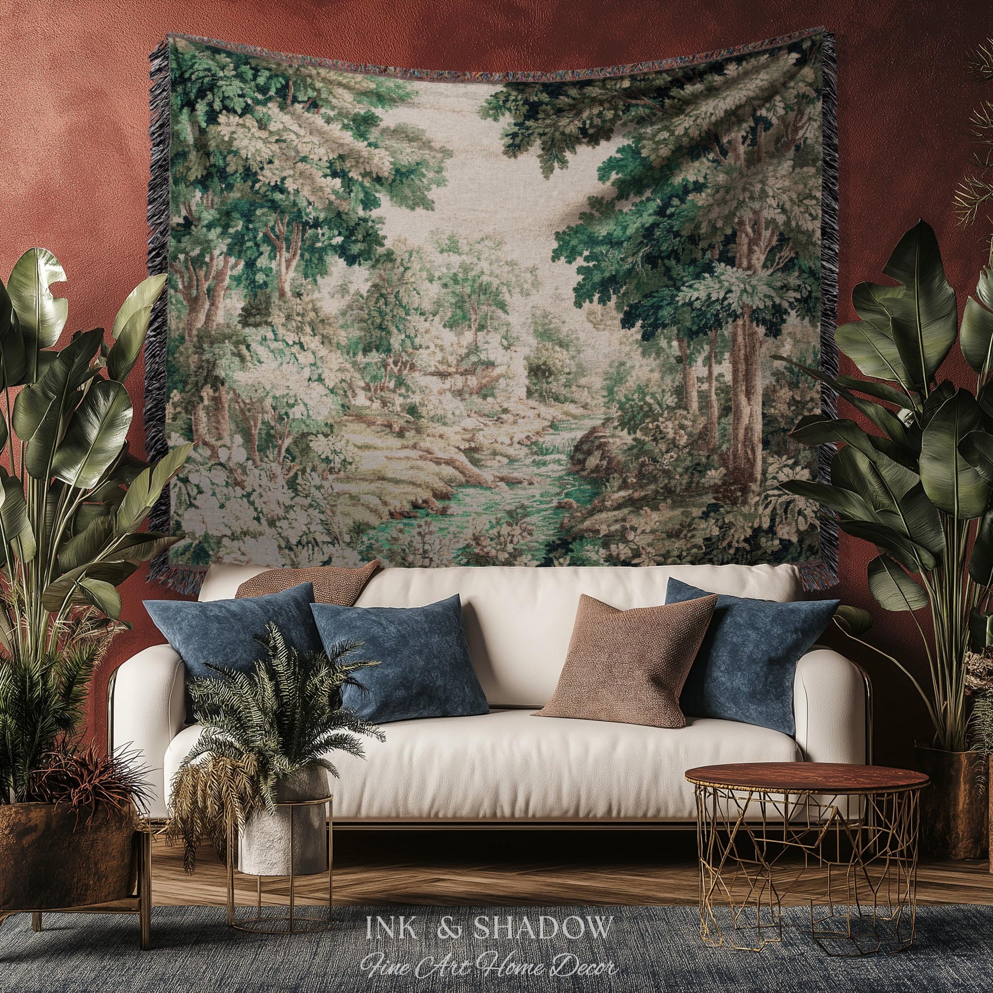 Romantic Woodland Creek Jacquard Wall Art | European Tapestry Serene Forest Landscape Timeless Pastoral Scene Soft Earthy Countryside