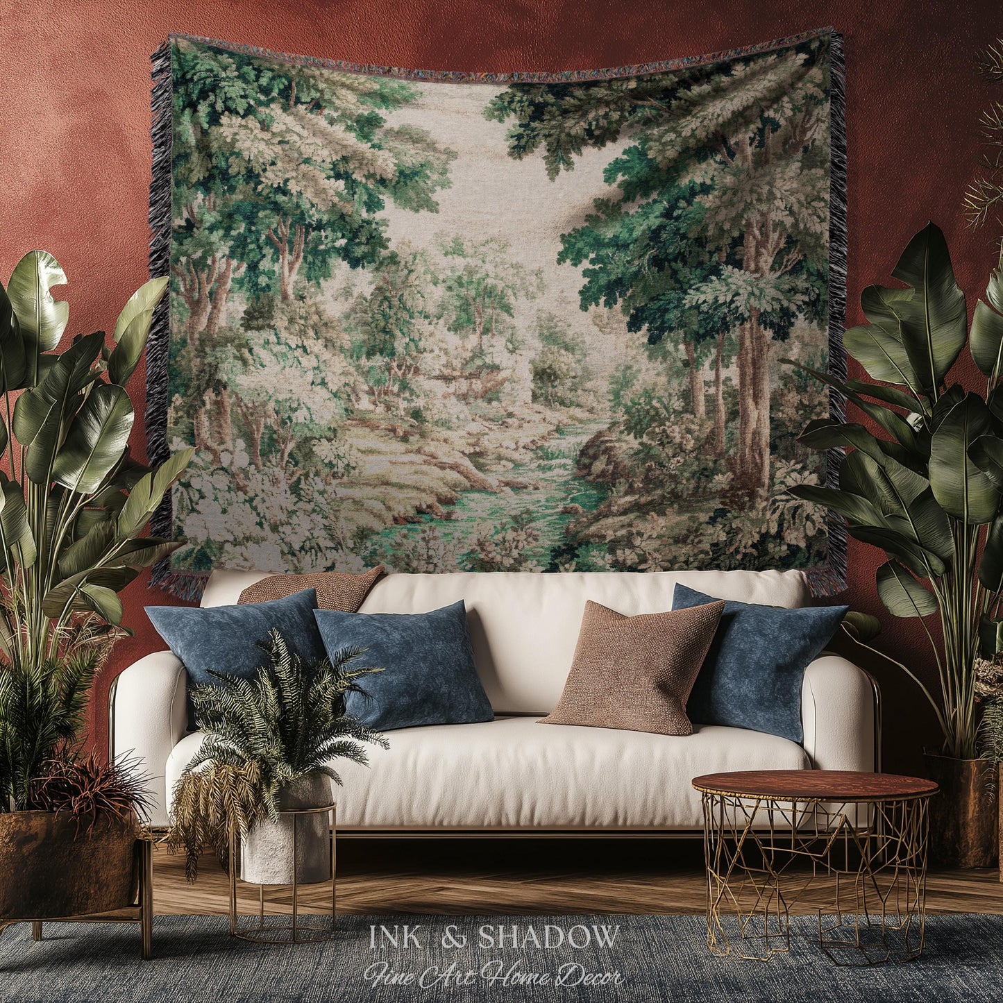Romantic Woodland Creek Jacquard Wall Art | European Tapestry Serene Forest Landscape Timeless Pastoral Scene Soft Earthy Countryside