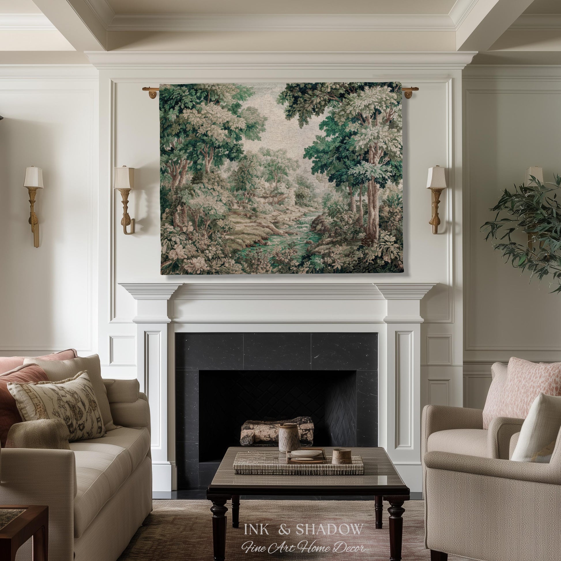 Romantic Woodland Creek Jacquard Wall Art | European Tapestry Serene Forest Landscape Timeless Pastoral Scene Soft Earthy Countryside