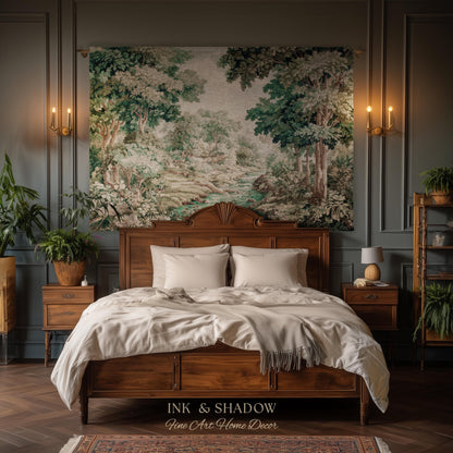 Romantic Woodland Creek Jacquard Wall Art | European Tapestry Serene Forest Landscape Timeless Pastoral Scene Soft Earthy Countryside