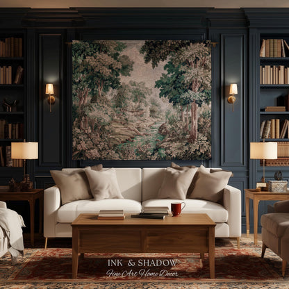 Romantic Woodland Creek Jacquard Wall Art | European Tapestry Serene Forest Landscape Timeless Pastoral Scene Soft Earthy Countryside