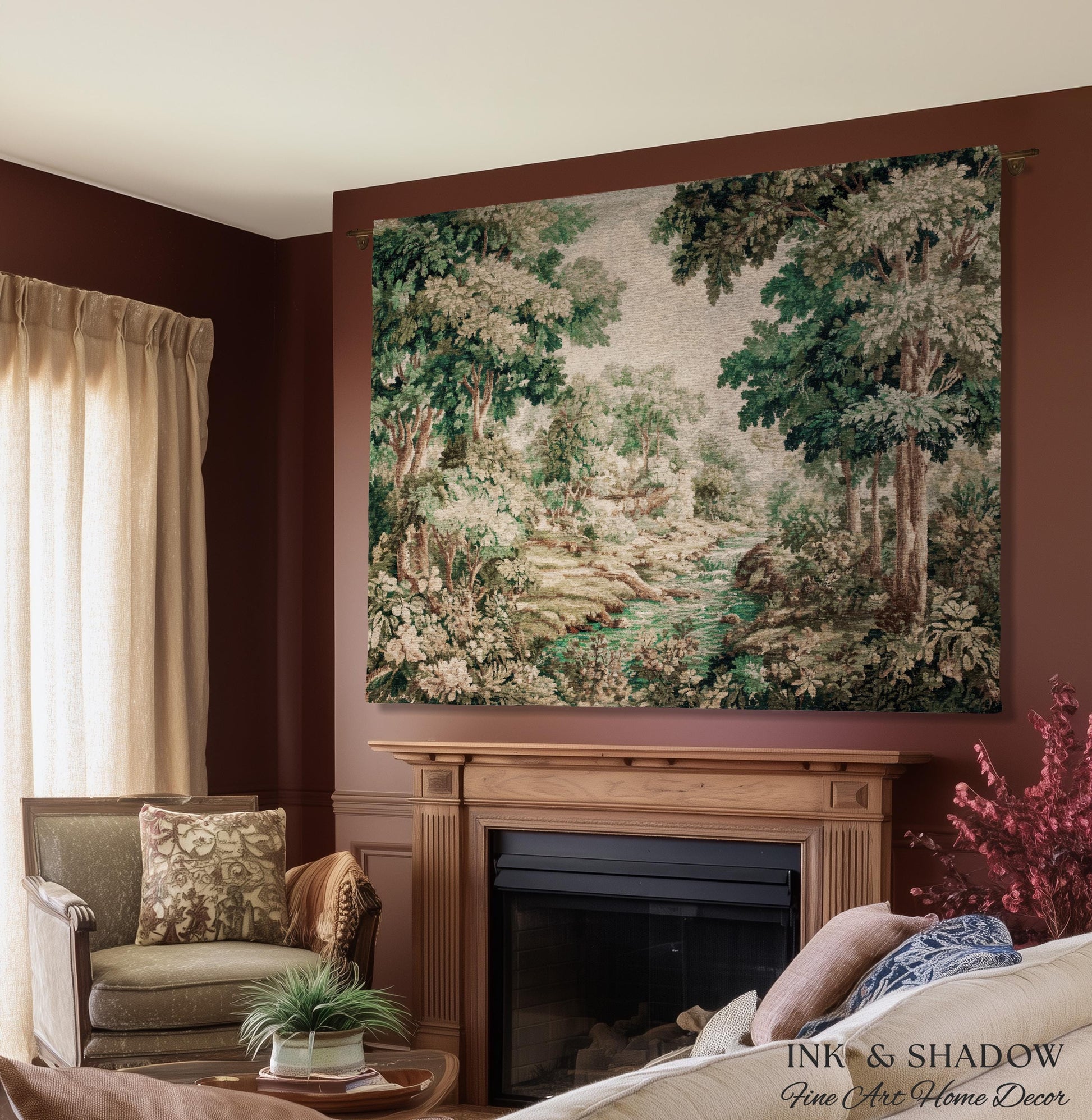 Romantic Woodland Creek Jacquard Wall Art | European Tapestry Serene Forest Landscape Timeless Pastoral Scene Soft Earthy Countryside