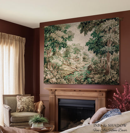 Romantic Woodland Creek Jacquard Wall Art | European Tapestry Serene Forest Landscape Timeless Pastoral Scene Soft Earthy Countryside
