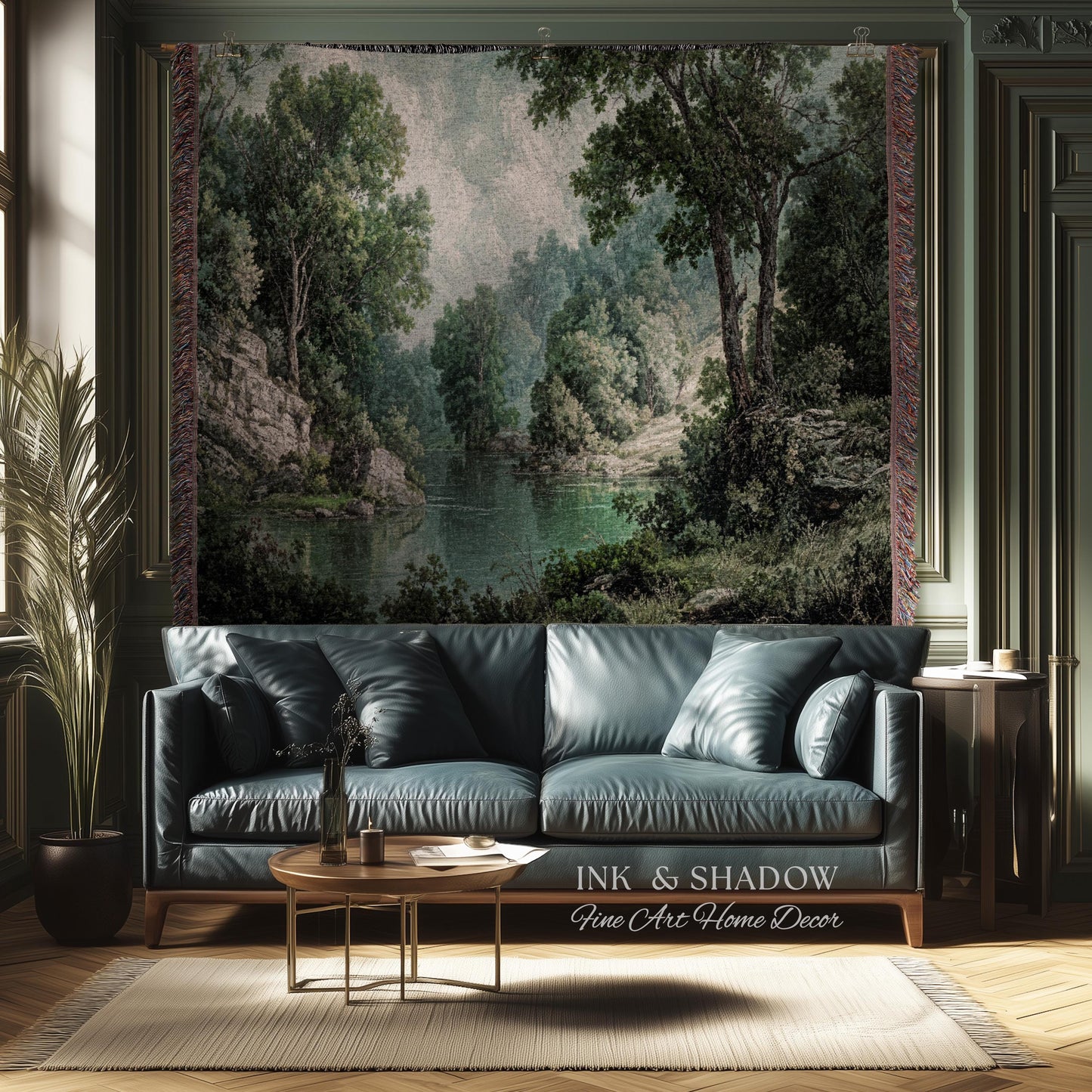 Lakeside Forest Lush Greenery Tapestry | Rustic Jacquard Botanical Woodland Verdure Woven Throw Blanket Romantic Verdant European Landscape