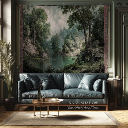 Lakeside Forest Lush Greenery Tapestry | Rustic Jacquard Botanical Woodland Verdure Woven Throw Blanket Romantic Verdant European Landscape