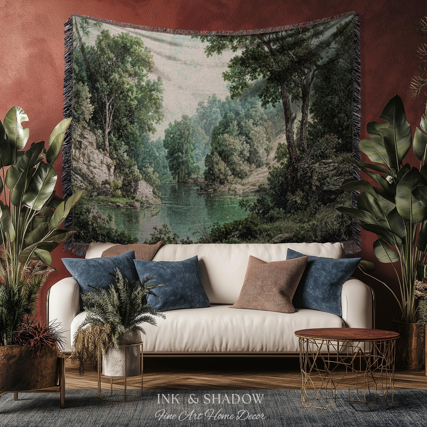 Lakeside Forest Lush Greenery Tapestry | Rustic Jacquard Botanical Woodland Verdure Woven Throw Blanket Romantic Verdant European Landscape