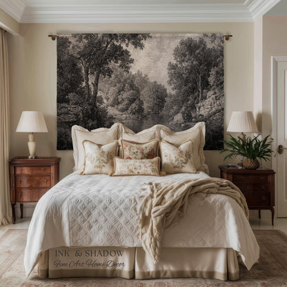 Monochromatic Mountain Lake Landscape Tapestry Wall Art | Neutral Tonal Old World Woodland Valley Waterway Woven Textile Traditional Decor