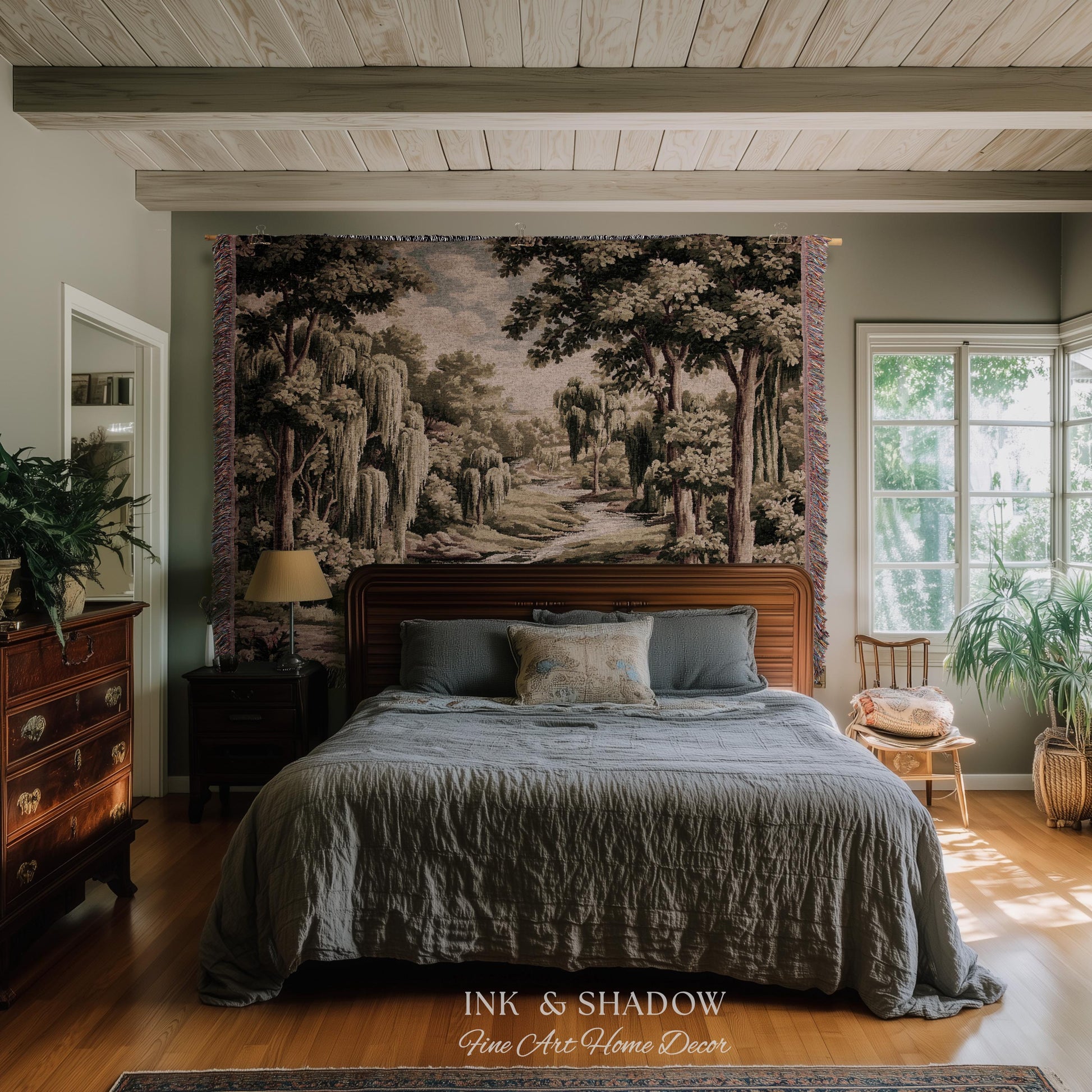 French Landscape River Scene Willow Tree Enchanted Forest Verdure Tapestry, Pastoral Wall Decor Aubusson Style Woven Throw Tranquil Home Art