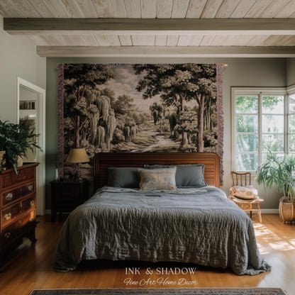 French Landscape River Scene Willow Tree Enchanted Forest Verdure Tapestry, Pastoral Wall Decor Aubusson Style Woven Throw Tranquil Home Art