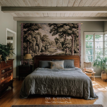 French Landscape River Scene Willow Tree Enchanted Forest Verdure Tapestry, Pastoral Wall Decor Aubusson Style Woven Throw Tranquil Home Art