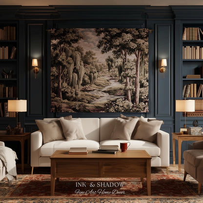 French Landscape River Scene Willow Tree Enchanted Forest Verdure Tapestry, Pastoral Wall Decor Aubusson Style Woven Throw Tranquil Home Art