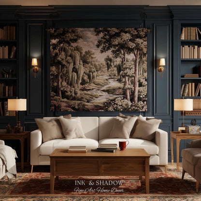 French Landscape River Scene Willow Tree Enchanted Forest Verdure Tapestry, Pastoral Wall Decor Aubusson Style Woven Throw Tranquil Home Art