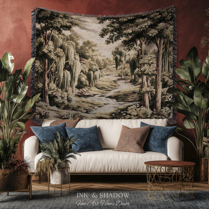 French Landscape River Scene Willow Tree Enchanted Forest Verdure Tapestry, Pastoral Wall Decor Aubusson Style Woven Throw Tranquil Home Art