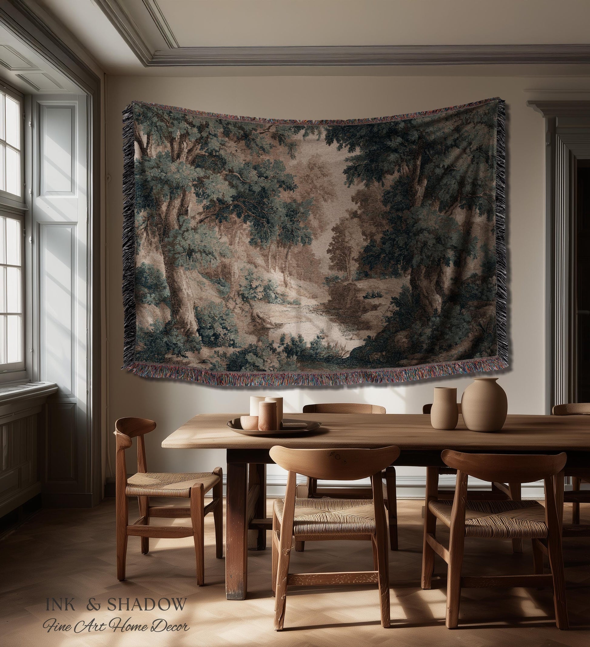 Rustic Landscape Forest River Art Woven Tapestry Throw | European Vintage Verdure Woodland Wall Decor French Jacquard Peaceful Nature Scene