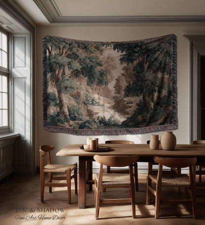Rustic Landscape Forest River Art Woven Tapestry Throw | European Vintage Verdure Woodland Wall Decor French Jacquard Peaceful Nature Scene