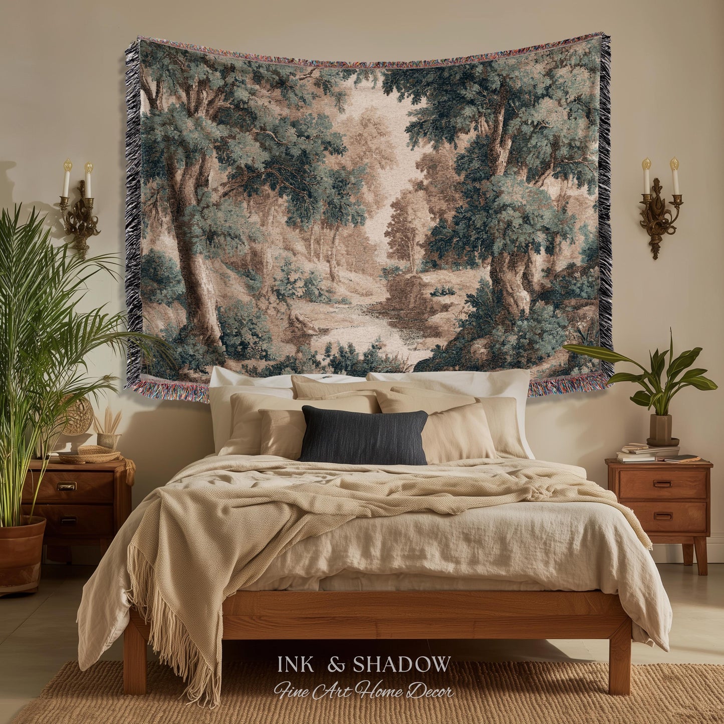 Rustic Landscape Forest River Art Woven Tapestry Throw | European Vintage Verdure Woodland Wall Decor French Jacquard Peaceful Nature Scene