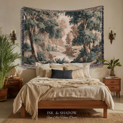 Rustic Landscape Forest River Art Woven Tapestry Throw | European Vintage Verdure Woodland Wall Decor French Jacquard Peaceful Nature Scene