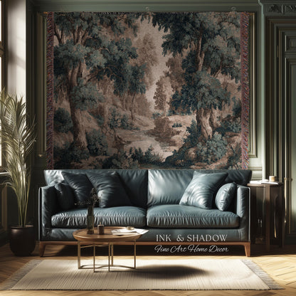 Rustic Landscape Forest River Art Woven Tapestry Throw | European Vintage Verdure Woodland Wall Decor French Jacquard Peaceful Nature Scene