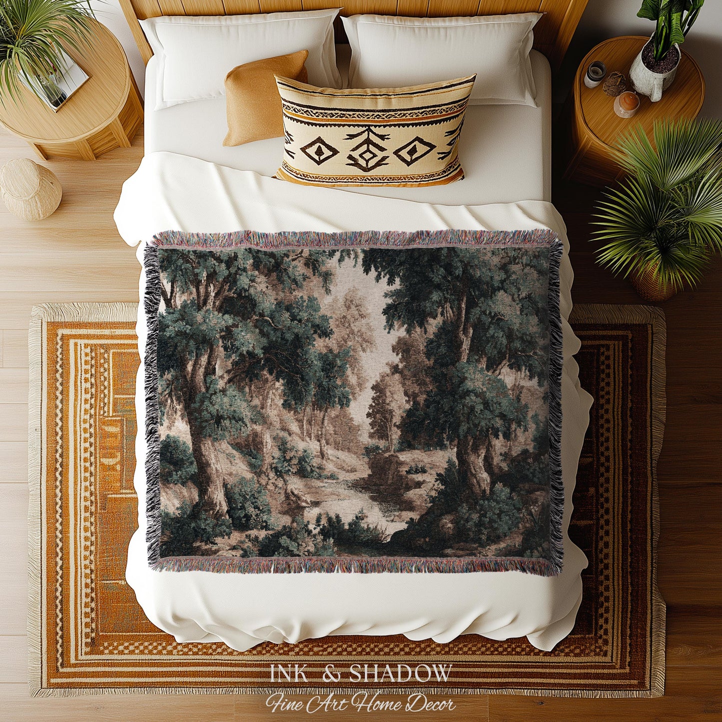 Rustic Landscape Forest River Art Woven Tapestry Throw | European Vintage Verdure Woodland Wall Decor French Jacquard Peaceful Nature Scene