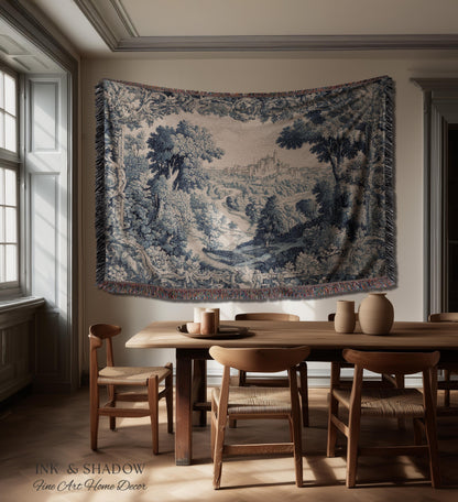 Toile Landscape Pastoral Wall Art | Countryside Wall Hanging French Blue and Cream Traditional Tapestry Romantic Chateau Blanket Monochrome