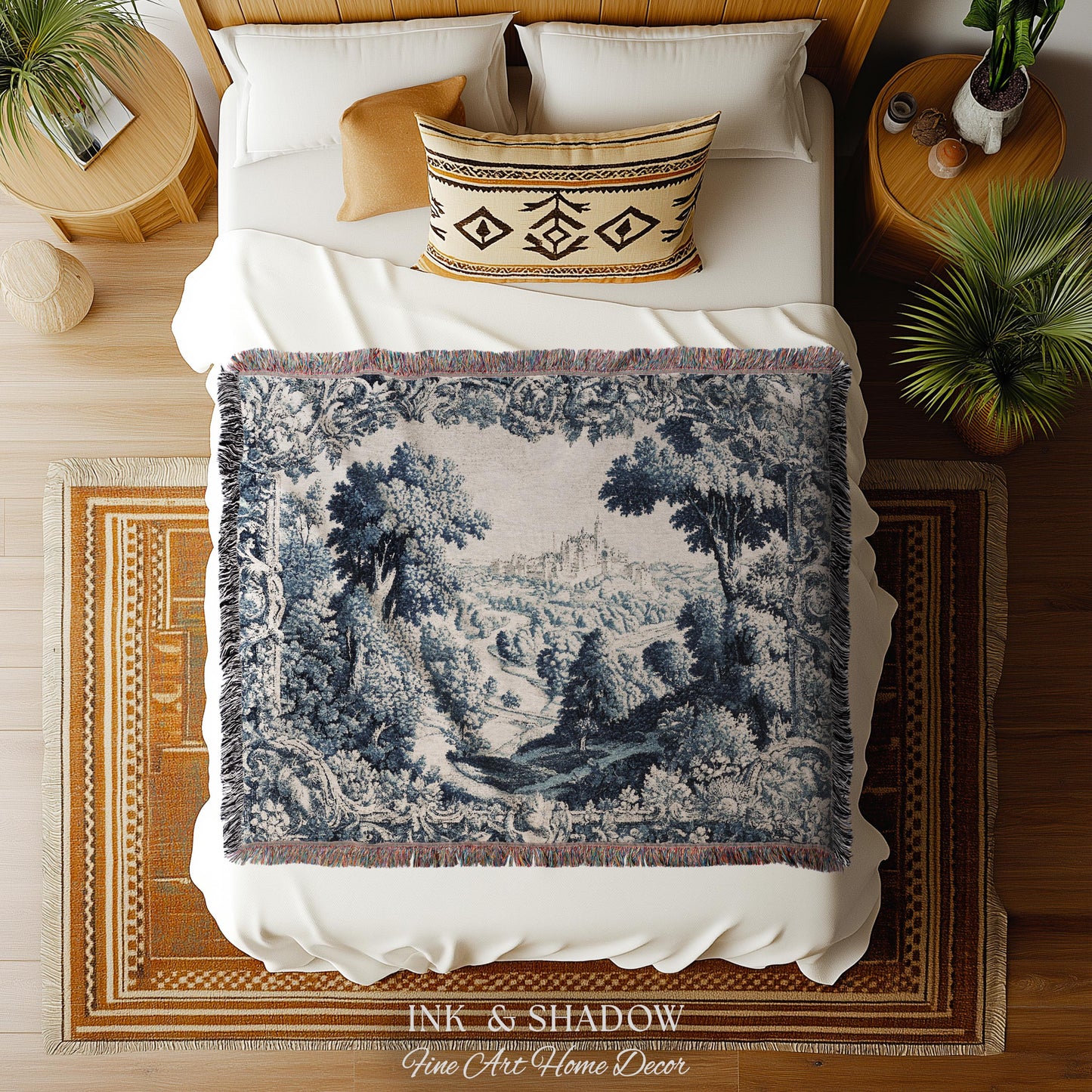 Toile Landscape Pastoral Wall Art | Countryside Wall Hanging French Blue and Cream Traditional Tapestry Romantic Chateau Blanket Monochrome