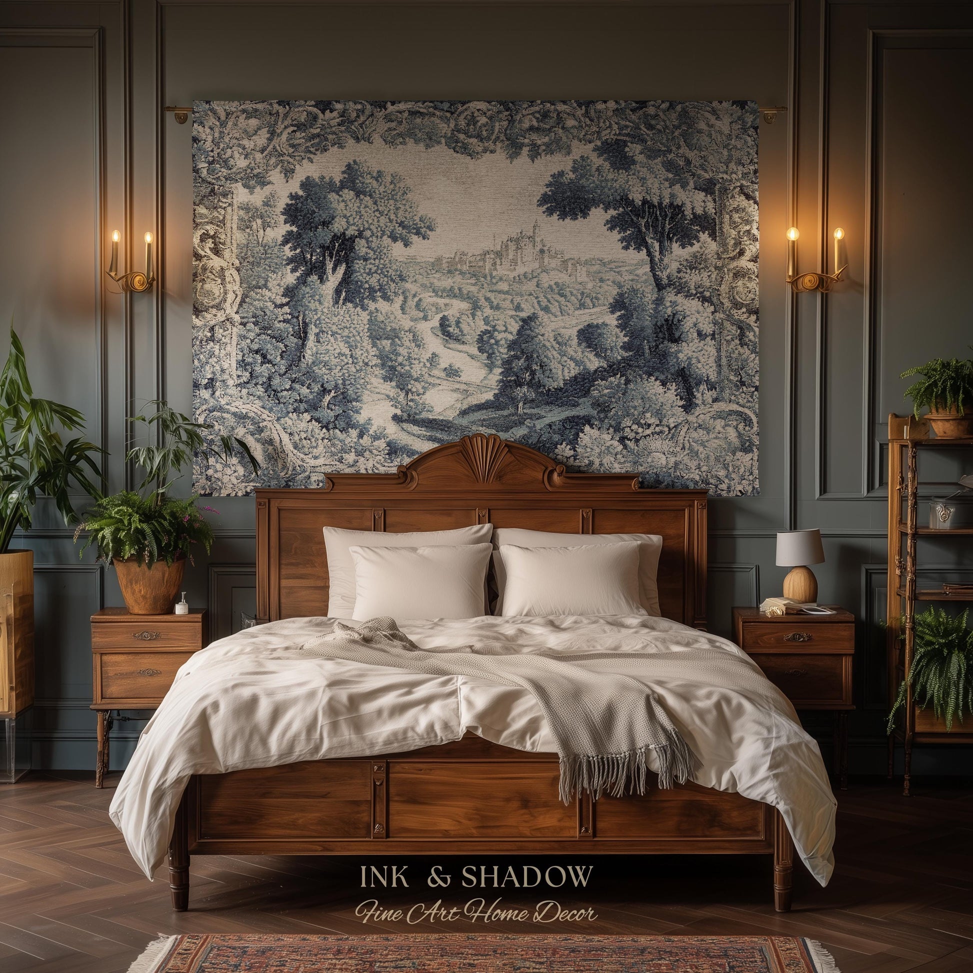 Toile Landscape Pastoral Wall Art | Countryside Wall Hanging French Blue and Cream Traditional Tapestry Romantic Chateau Blanket Monochrome